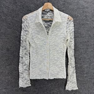 JPR Shirt Women PS Petite White Floral Embroidered Button Up Collared Lined
